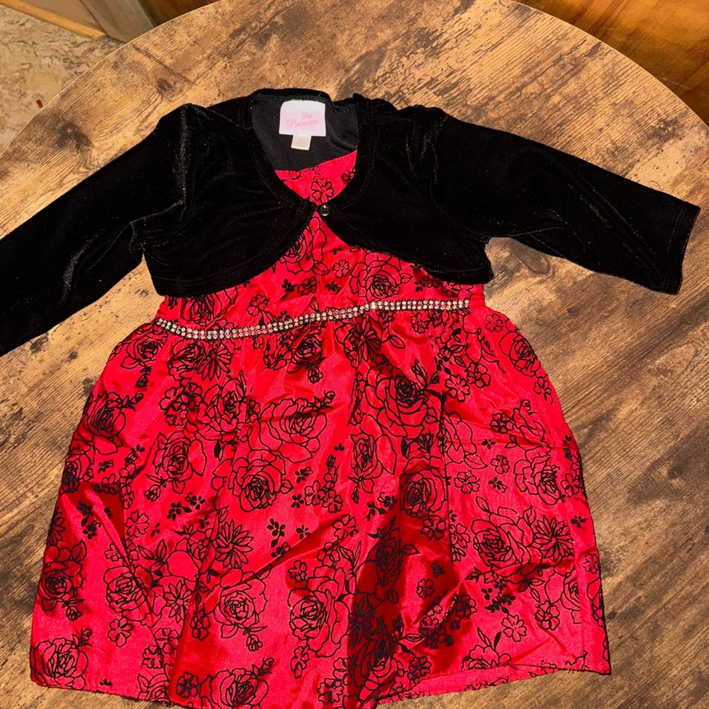 Red and Black Floral Christmas Dress with Bolero Jacket